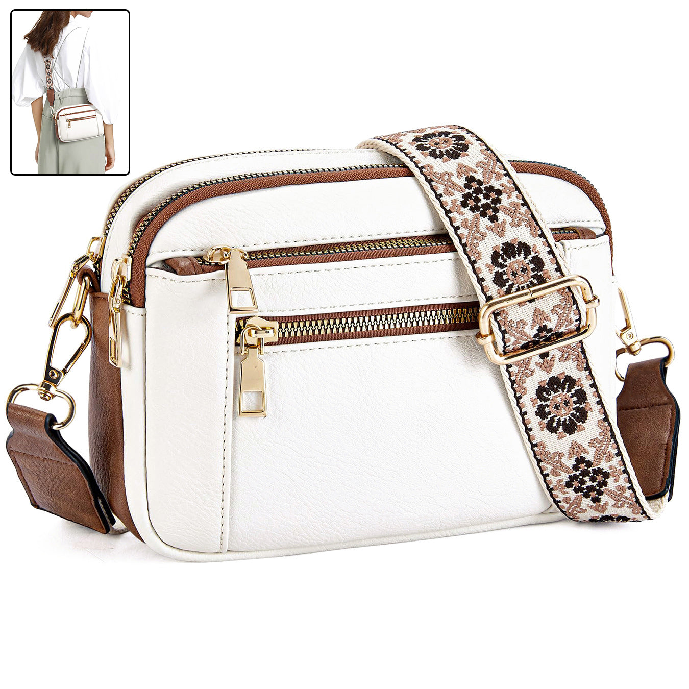 Triple-zipper Shoulder Bag With Floral Embroidered Straps Fashion Colorblock Multi-functional Crossbody Bags For Women